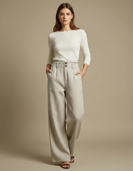 Pantalon Chino Beige Ample Taille Haute Lin Femme