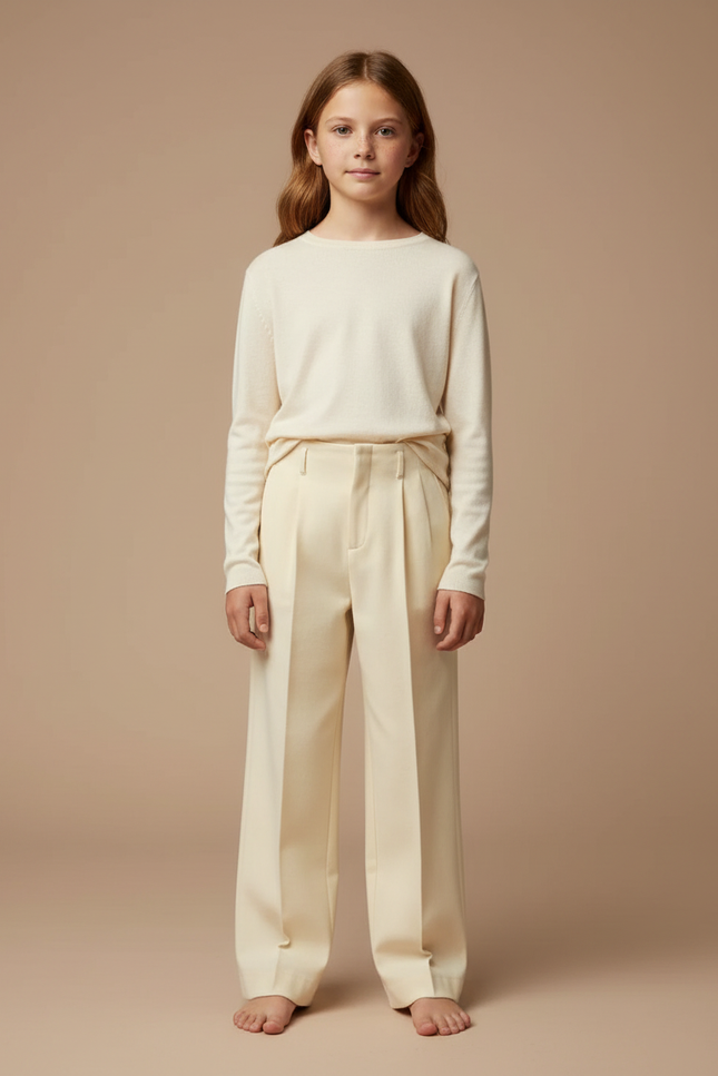 Pantalon Chino Crème Plissé Ample Droit Élégant - Beige Gabardine
