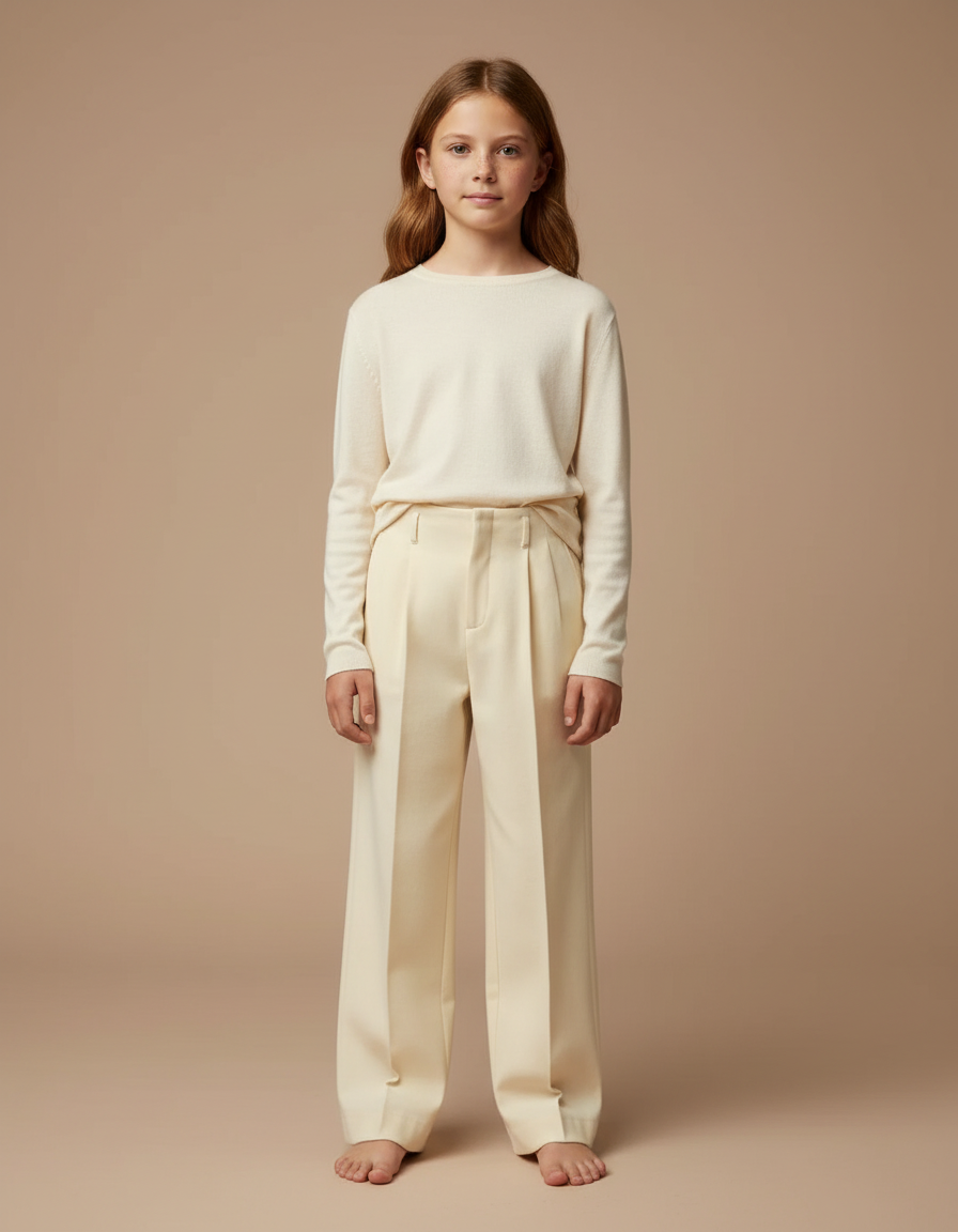 Pantalon Chino Crème Plissé Ample Droit Élégant - Beige Gabardine