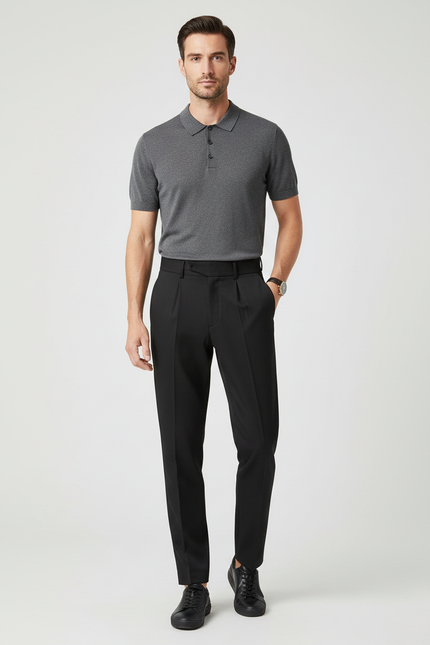 Pantalon Chino Noir Plissé Droit Formel Élégant Homme - Polyester