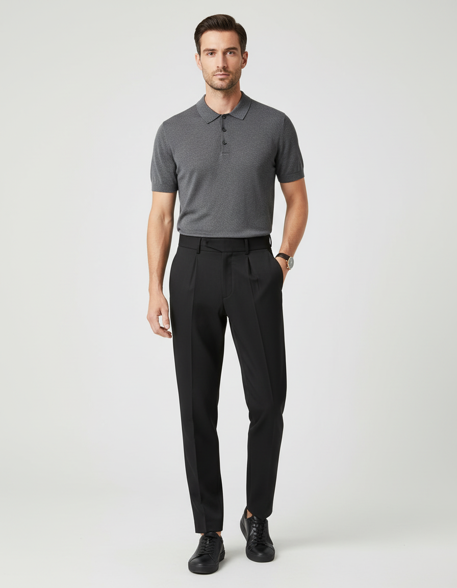 Pantalon Chino Noir Plissé Droit Formel Élégant Homme - Polyester