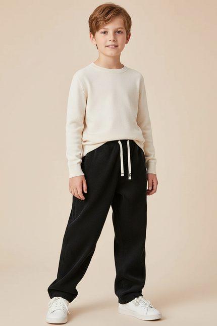 Pantalon Chino Garçon Noir Coupe Ample - Cordé