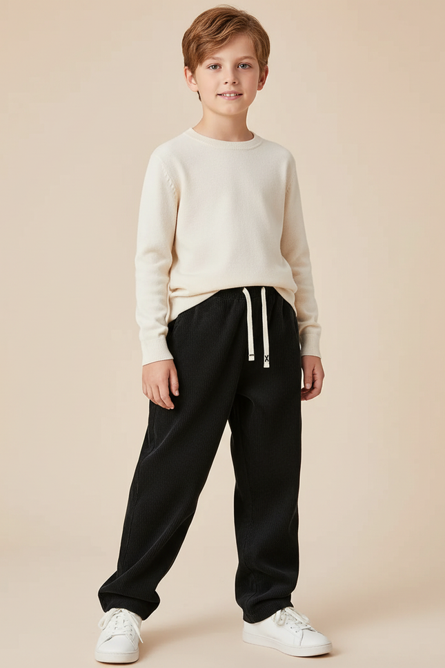 Pantalon Chino Garçon Noir Coupe Ample - Cordé