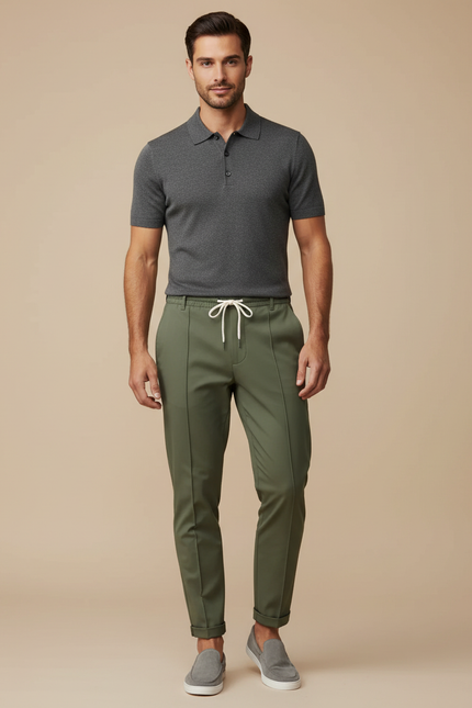 Pantalon Chino Vert Kaki Cordon Droit Décontracté Homme - Gabardine