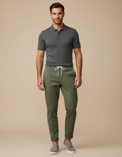 Pantalon Chino Vert Kaki Cordon Droit Décontracté Homme - Gabardine