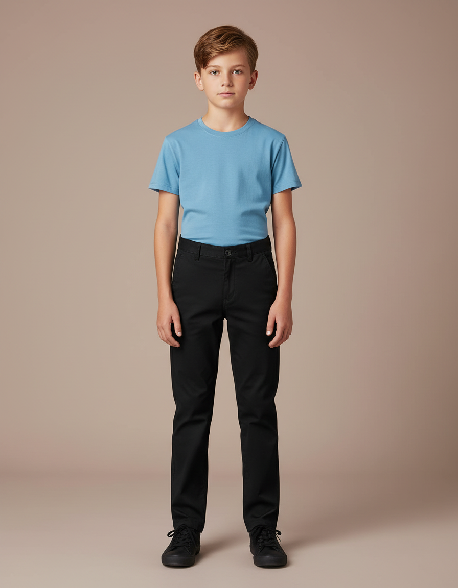 Pantalon Chino Noir Coton Coupe Droite Garçon Uni