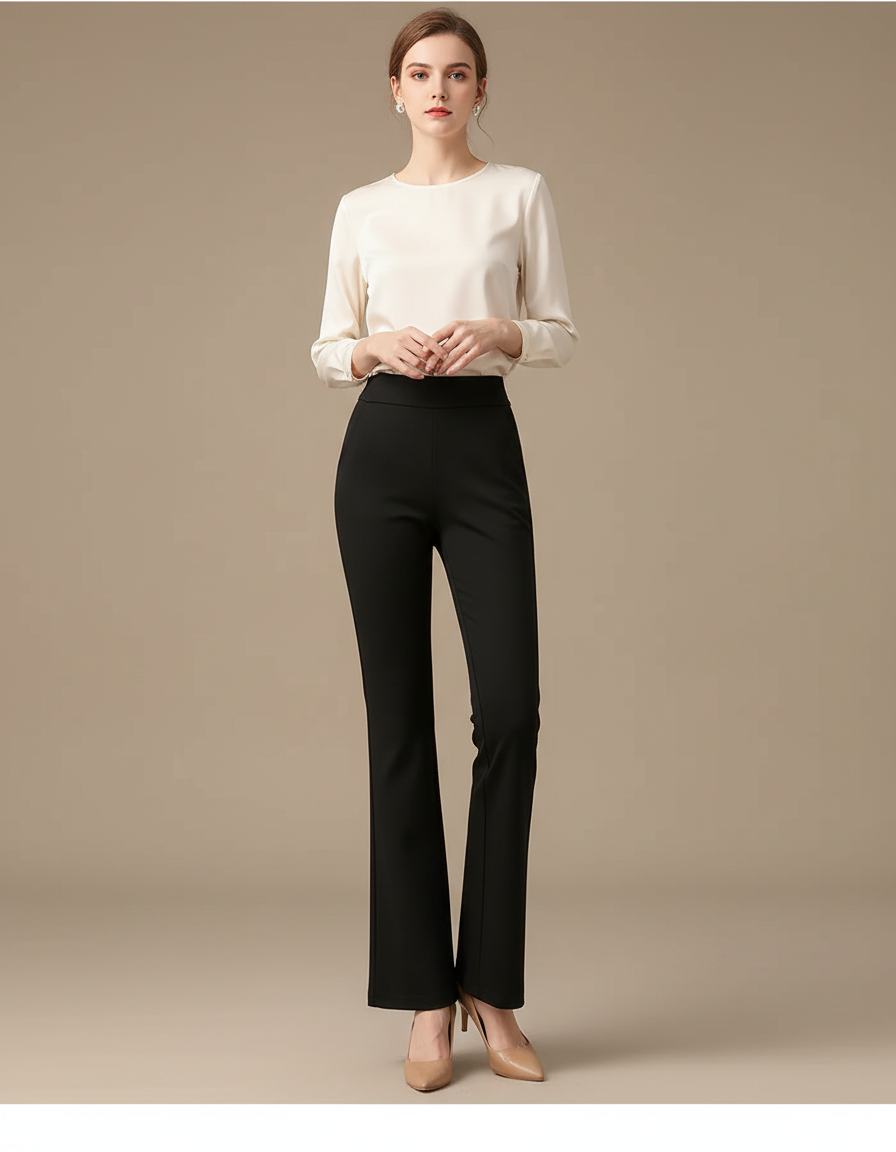 Pantalon Chino Noir Élastique Évasé Taille Haute Femme - Polyester