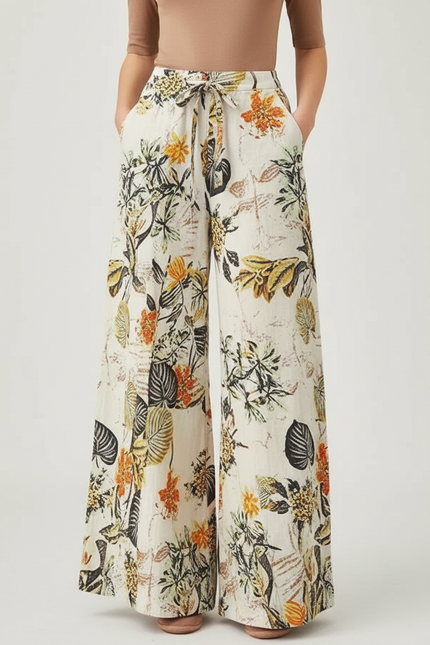 Pantalon Chino Large Imprimé Floral Bohème Décontracté Femme - Multicolore Lin