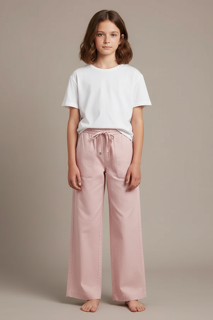 Pantalon Chino Rose Enfant Ample Cordon Décontracté - Coton
