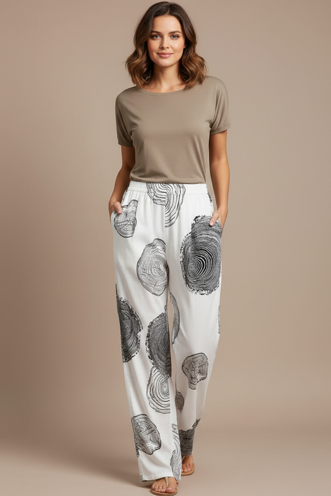 Pantalon Chino Blanc Imprimé Bois Fluide Décontracté - Viscose