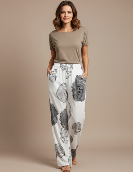 Pantalon Chino Blanc Imprimé Bois Fluide Décontracté - Viscose