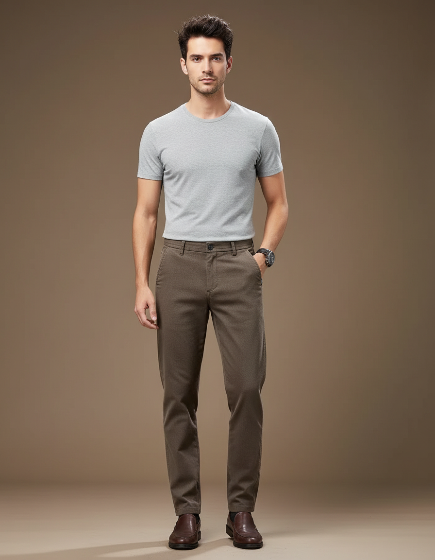 Pantalon Chino Marron Droit Extensible Confortable Homme - Gabardine