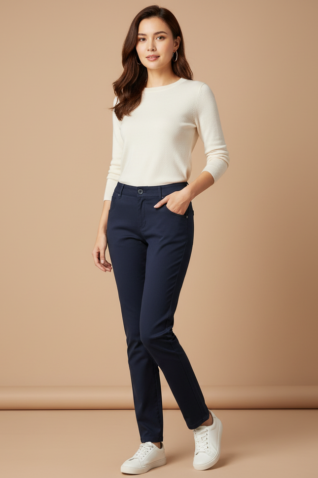 Pantalon Chino Bleu Marine Élastique Coupe Droite Femme - Gabardine