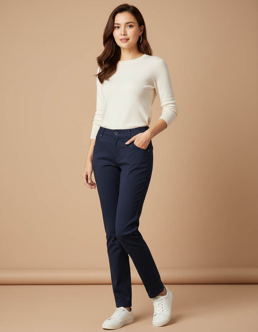 Pantalon Chino Bleu Marine Élastique Coupe Droite Femme - Gabardine