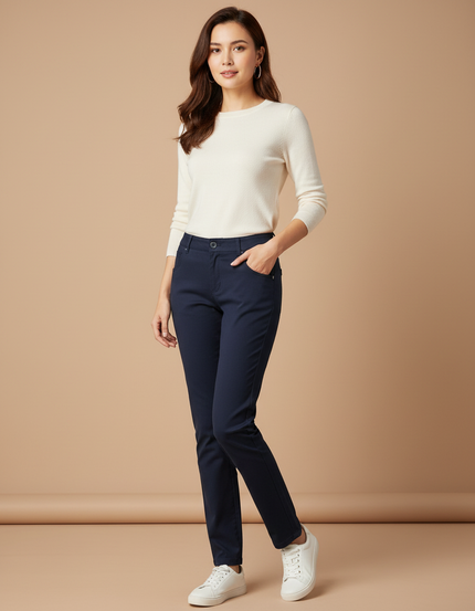 Pantalon Chino Bleu Marine Élastique Coupe Droite Femme - Gabardine