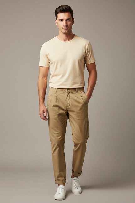Pantalon Chino Homme Marron Plissé Coton Décontracté - Kaki