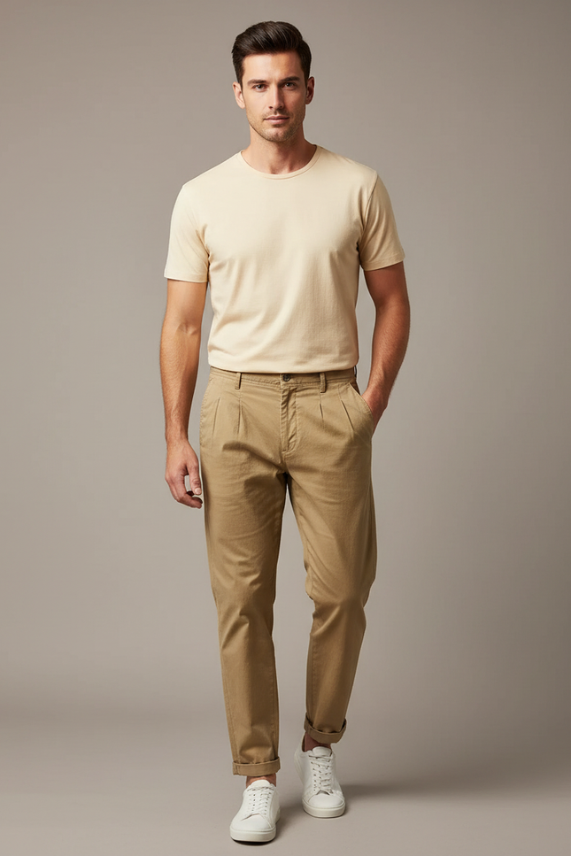 Pantalon Chino Homme Marron Plissé Coton Décontracté - Kaki