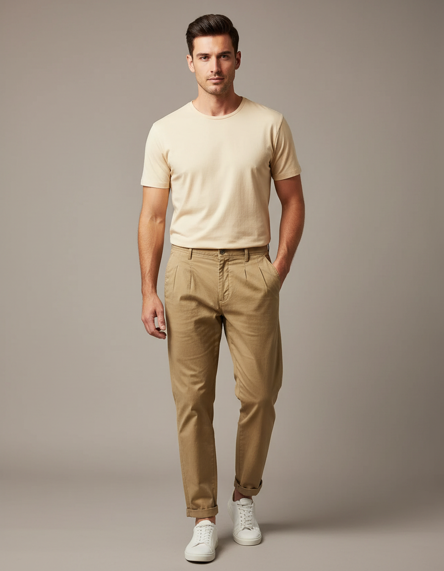 Pantalon Chino Homme Marron Plissé Coton Décontracté - Kaki