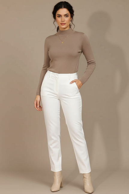 Pantalon Chino Blanc Droit Ajusté Élégant Femme - Gabardine