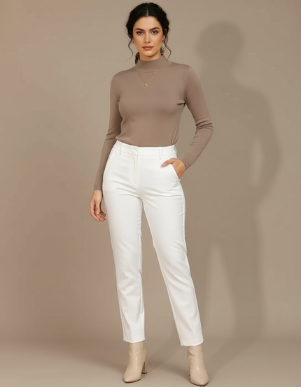 Pantalon Chino Blanc Droit Ajusté Élégant Femme - Gabardine