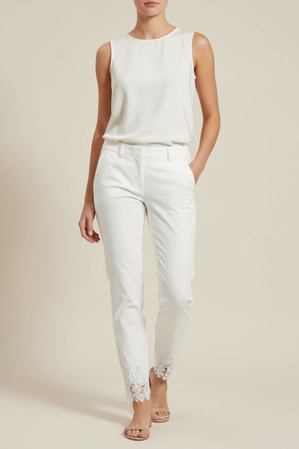 Pantalon Chino Blanc Dentelle Évidée Neuf Points Femme - Coton