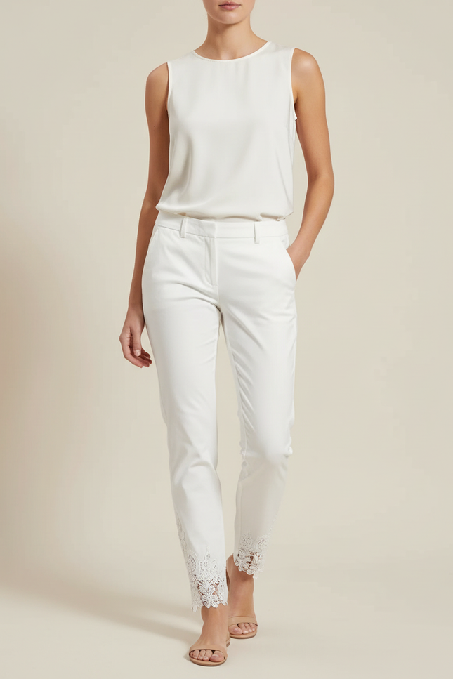 Pantalon Chino Blanc Dentelle Évidée Neuf Points Femme - Coton
