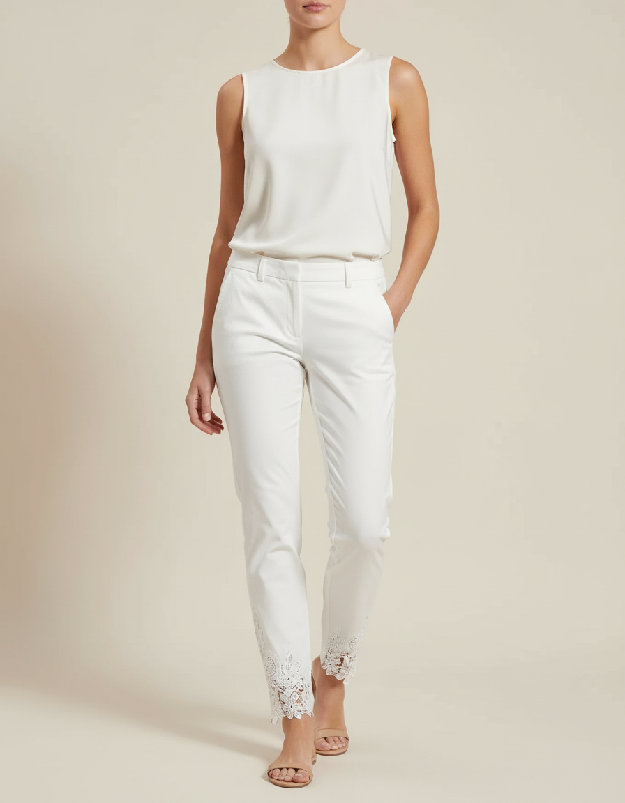 Pantalon Chino Blanc Dentelle Évidée Neuf Points Femme - Coton