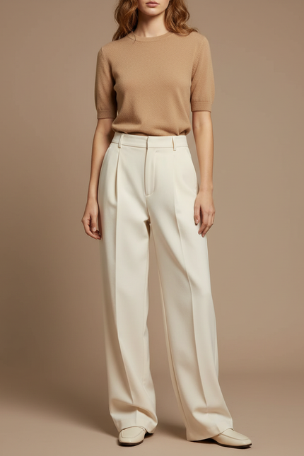 Pantalon Chino Crème Fluide Ample Élégant Femme - Beige Gabardine