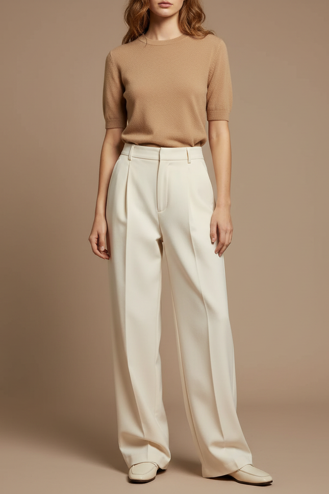 Pantalon Chino Crème Fluide Ample Élégant Femme - Beige Gabardine
