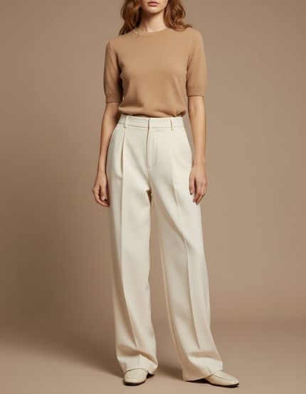 Pantalon Chino Crème Fluide Ample Élégant Femme - Beige Gabardine