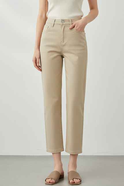 Pantalon Chino Beige Coupe Droite Taille Haute Décontracté - Gabardine