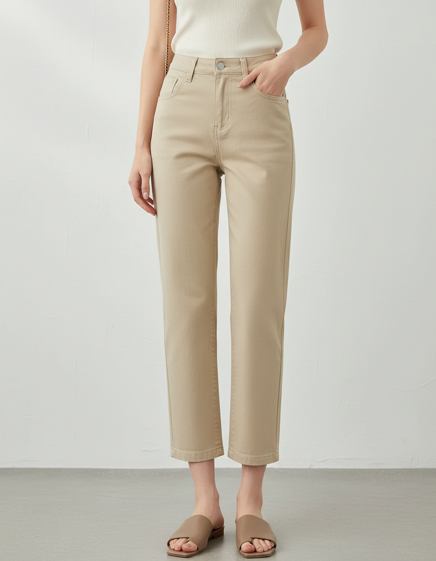 Pantalon Chino Beige Coupe Droite Taille Haute Décontracté - Gabardine