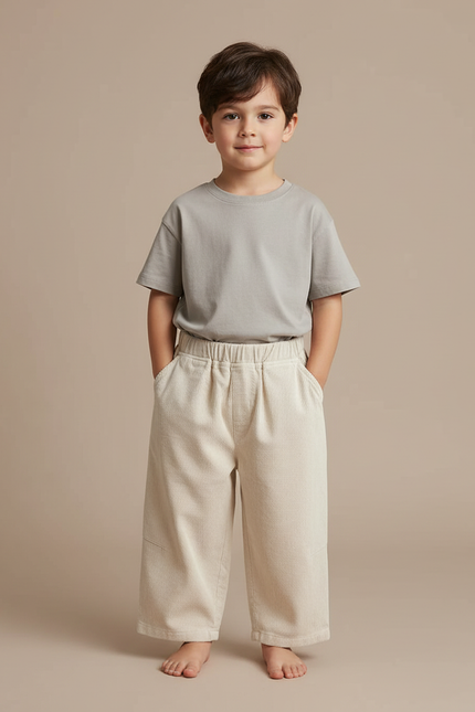 Pantalon Chino Écru Côtelé Ample Enfant Décontracté - Beige Cordé