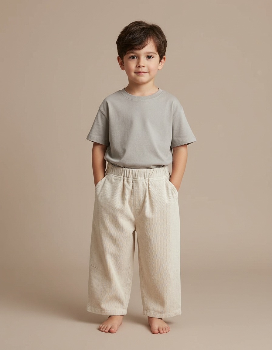 Pantalon Chino Écru Côtelé Ample Enfant Décontracté - Beige Cordé