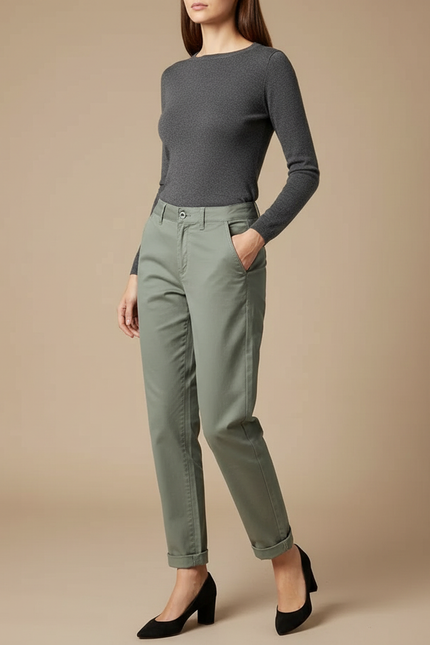 Pantalon Chino Femme Vert Kaki Coton Décontracté