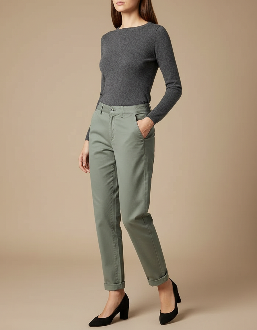 Pantalon Chino Femme Vert Kaki Coton Décontracté