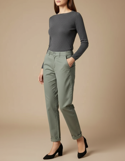 Pantalon Chino Femme Vert Kaki Coton Décontracté