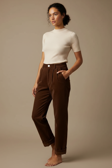 Pantalon Chino Marron Côtelé Ample Taille Haute Femme - Cordé