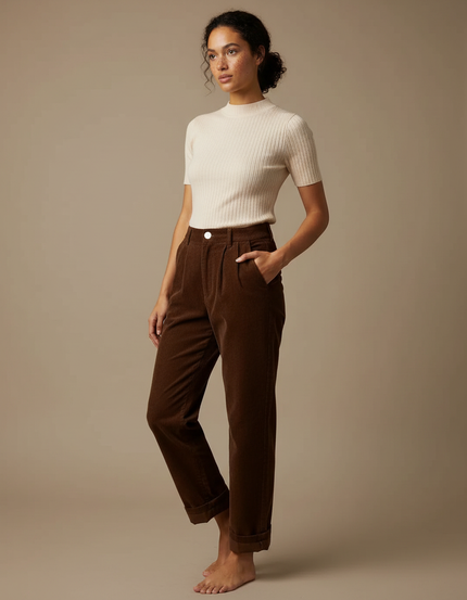 Pantalon Chino Marron Côtelé Ample Taille Haute Femme - Cordé