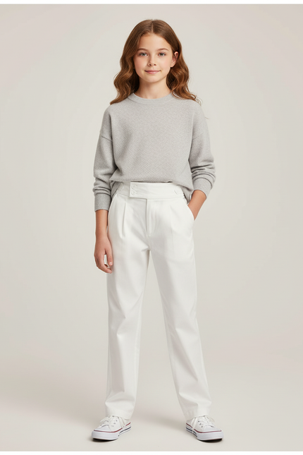 Pantalon Chino Blanc Droit Plissé Élégant Enfant - Gabardine