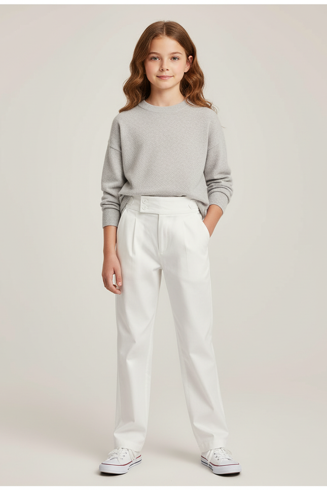 Pantalon Chino Blanc Droit Plissé Élégant Enfant - Gabardine
