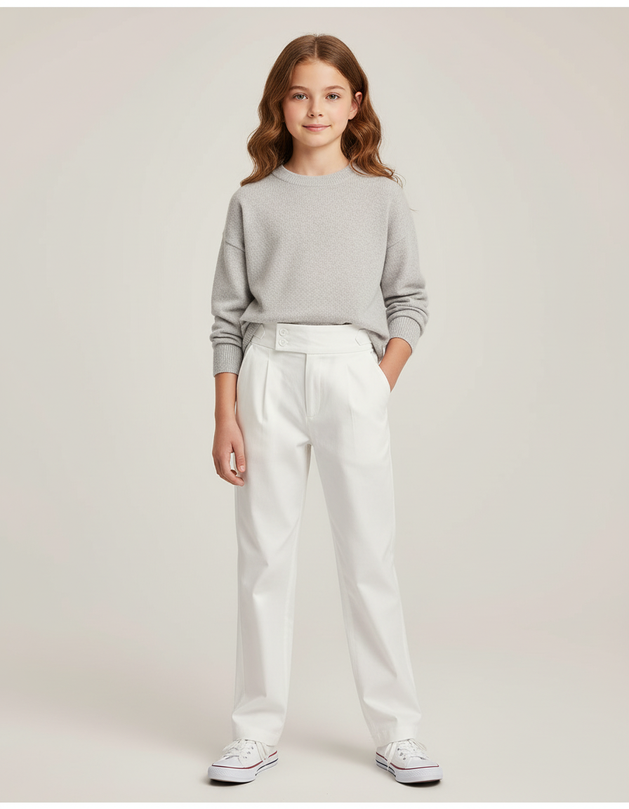 Pantalon Chino Blanc Droit Plissé Élégant Enfant - Gabardine