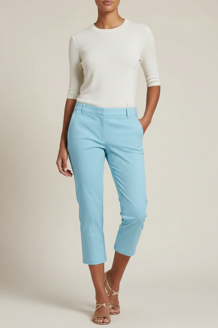 Pantalon Chino Bleu Ciel Court Coupe Droite Femme - Gabardine