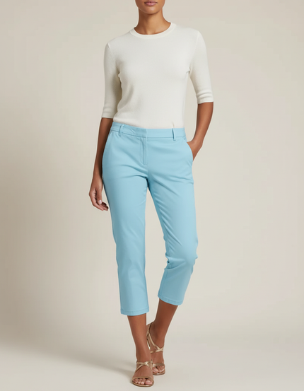 Pantalon Chino Bleu Ciel Court Coupe Droite Femme - Gabardine