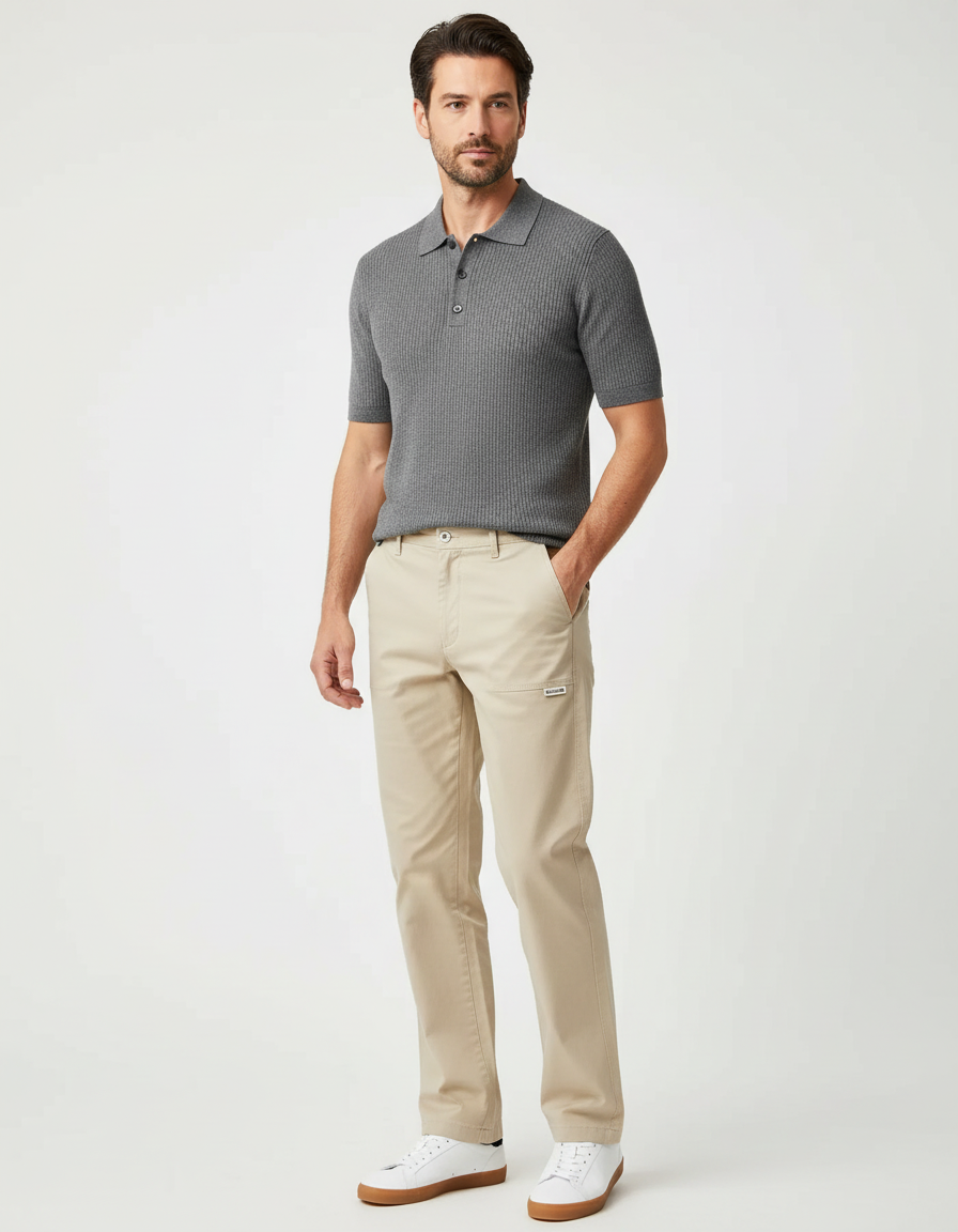 Pantalon Chino Beige Coton Décontracté Droit Homme