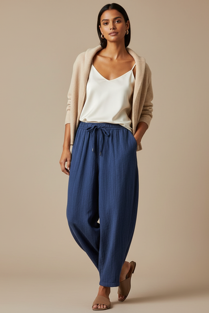 Pantalon Chino Bleu Marine Ample Cordon Décontracté - Lin