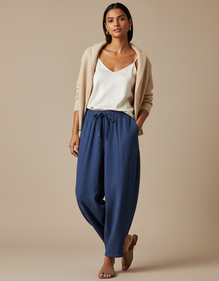 Pantalon Chino Bleu Marine Ample Cordon Décontracté - Lin