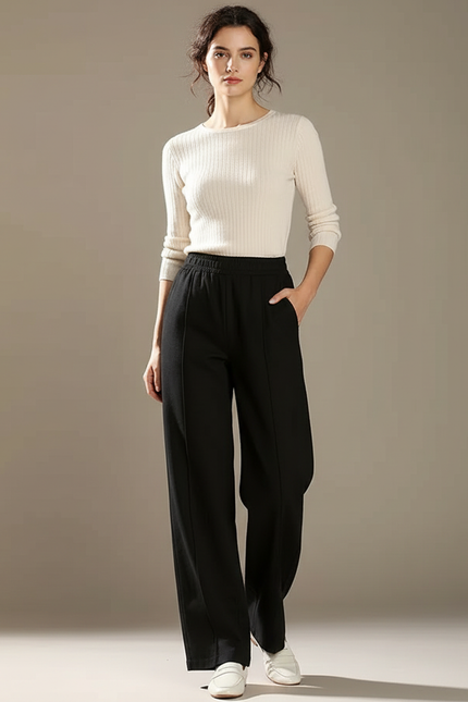 Pantalon Chino Noir Ample Taille Haute Femme Élégant - Maille