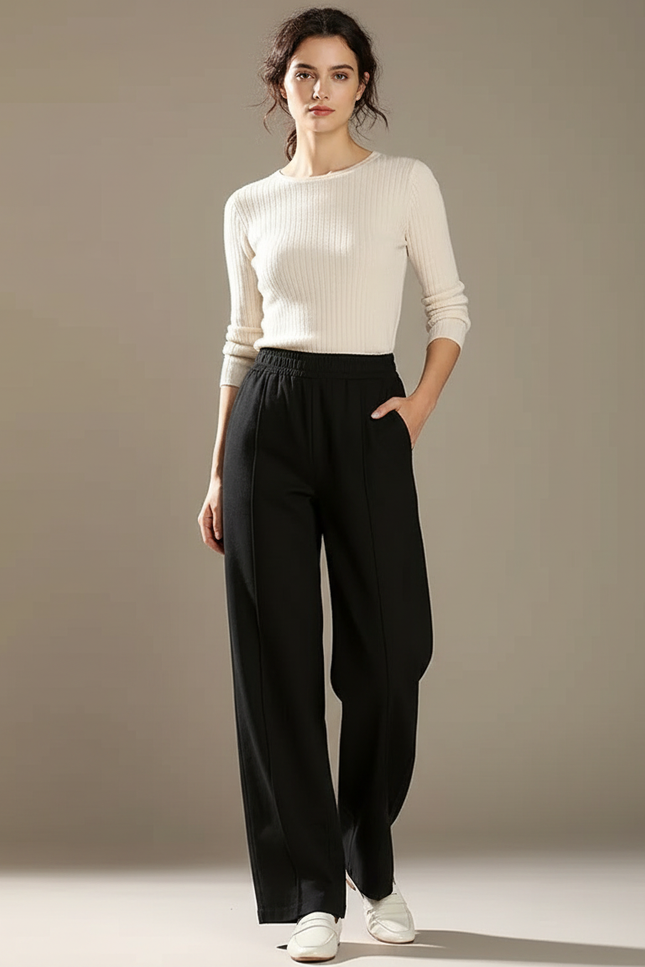 Pantalon Chino Noir Ample Taille Haute Femme Élégant - Maille