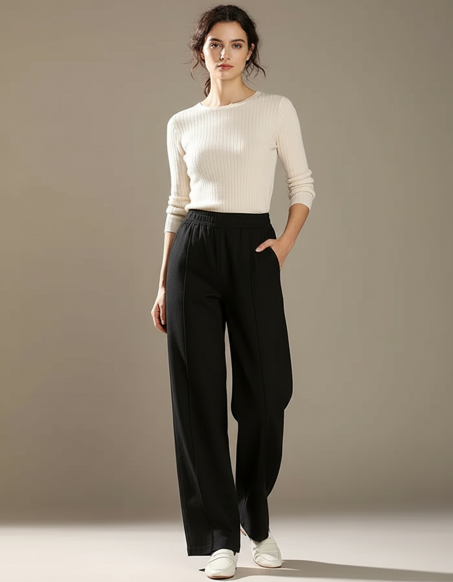 Pantalon Chino Noir Ample Taille Haute Femme Élégant - Maille
